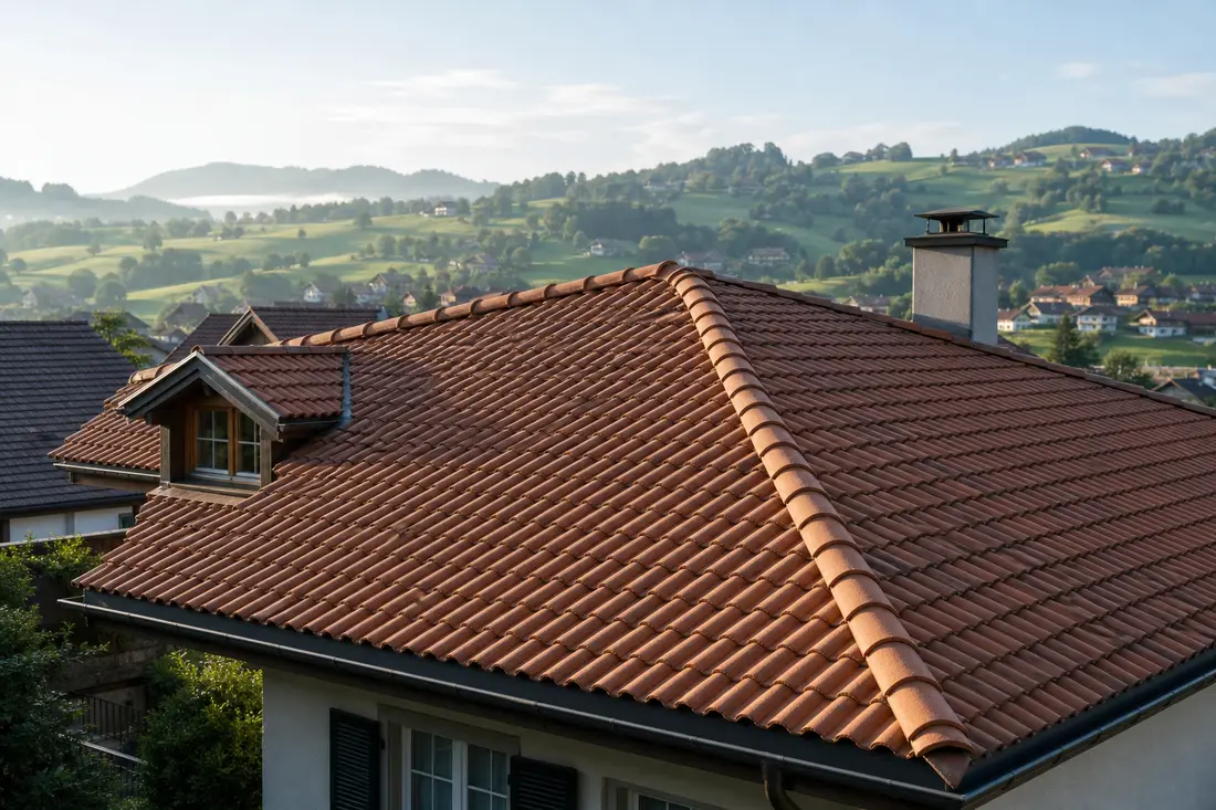 Toiture en tuiles d'une maison de Suisse romande après un démoussage et un contrôle d'entretien