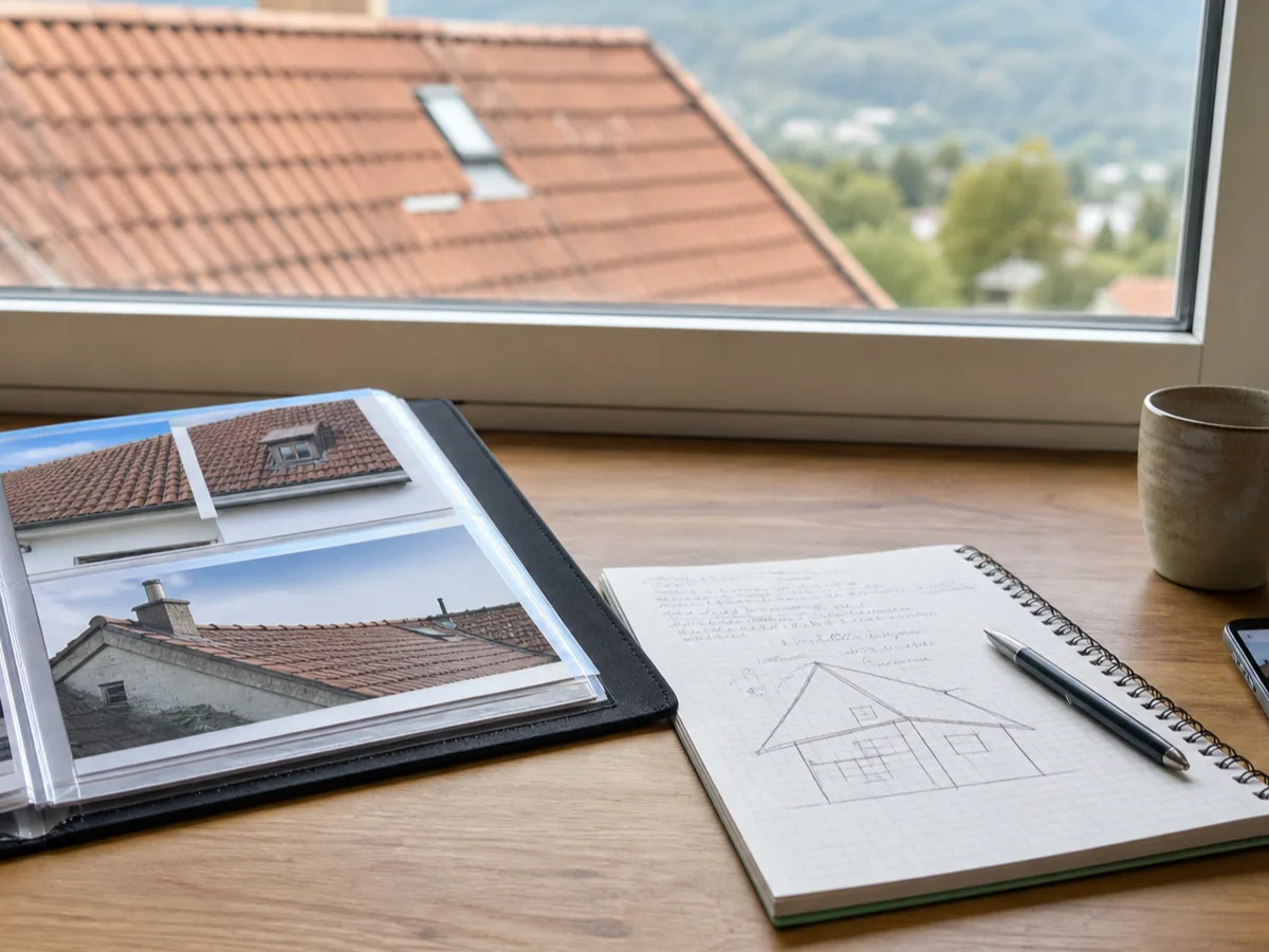 Propriétaire et professionnelle relisant des plans et photos de rénovation avant une visite de toiture