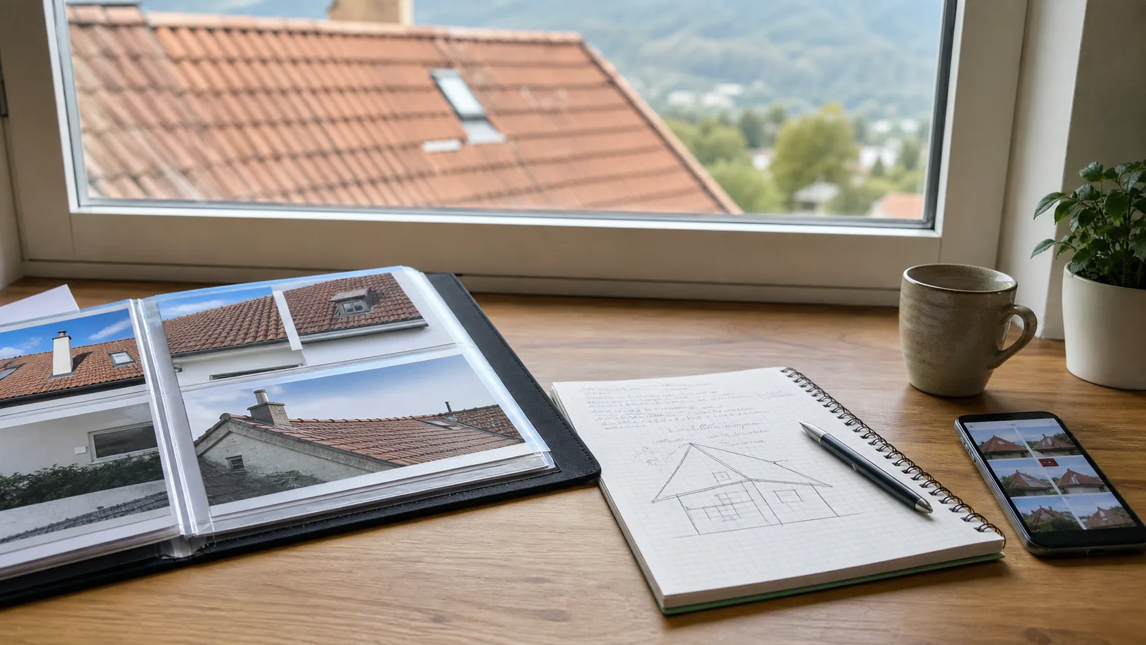 Carnet, téléphone et photos de contexte préparés pour une visite de toiture