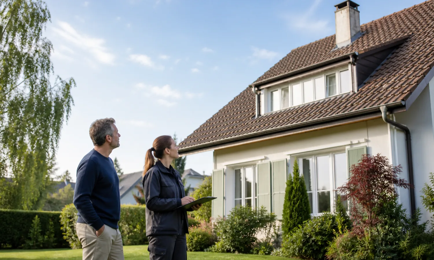 Échange calme autour d’un dossier d’entretien de toiture dans une maison suisse
