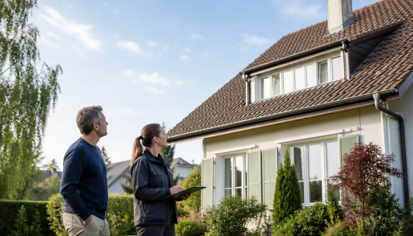 Deux personnes observant le versant d’une maison depuis une allée, sans échelle
