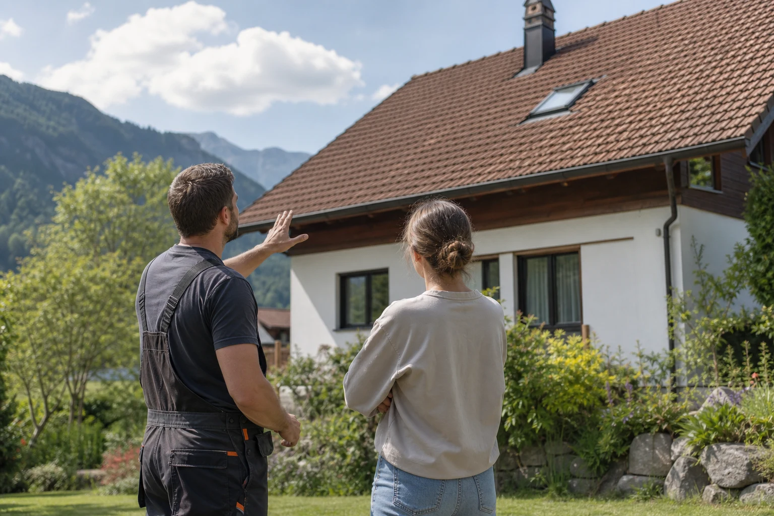 Couvreur et propriétaire observant une toiture depuis le sol à distance sûre