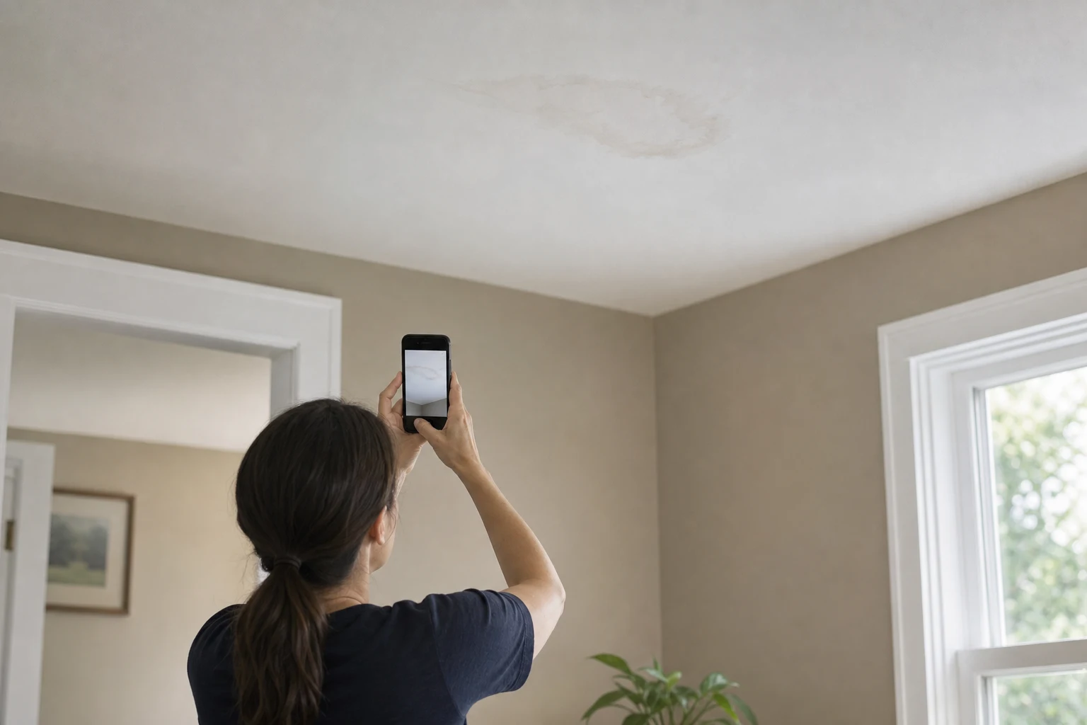 Personne photographiant une trace d’humidité au plafond depuis le sol