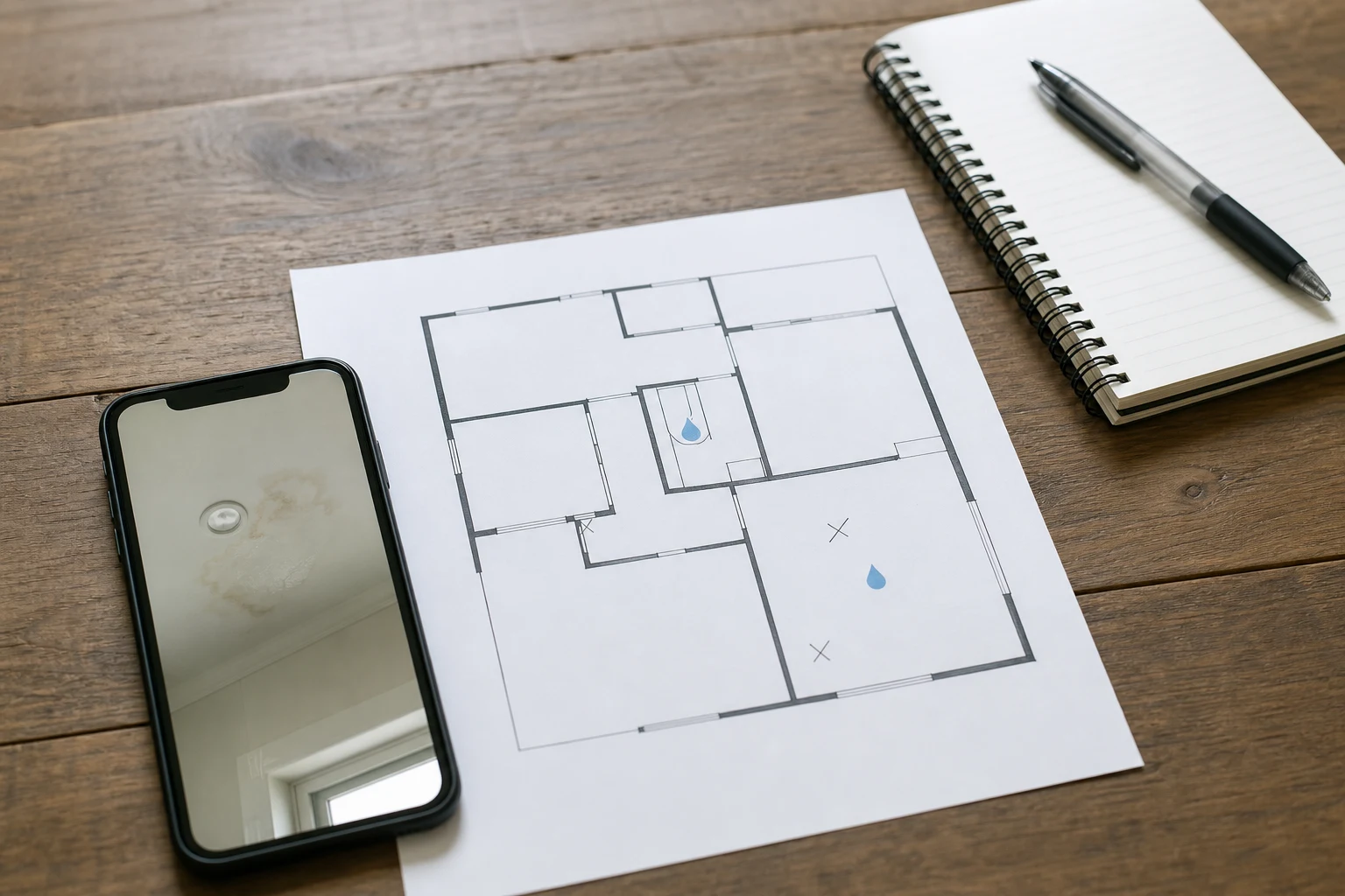 Téléphone, carnet et plan de maison servant à noter une infiltration