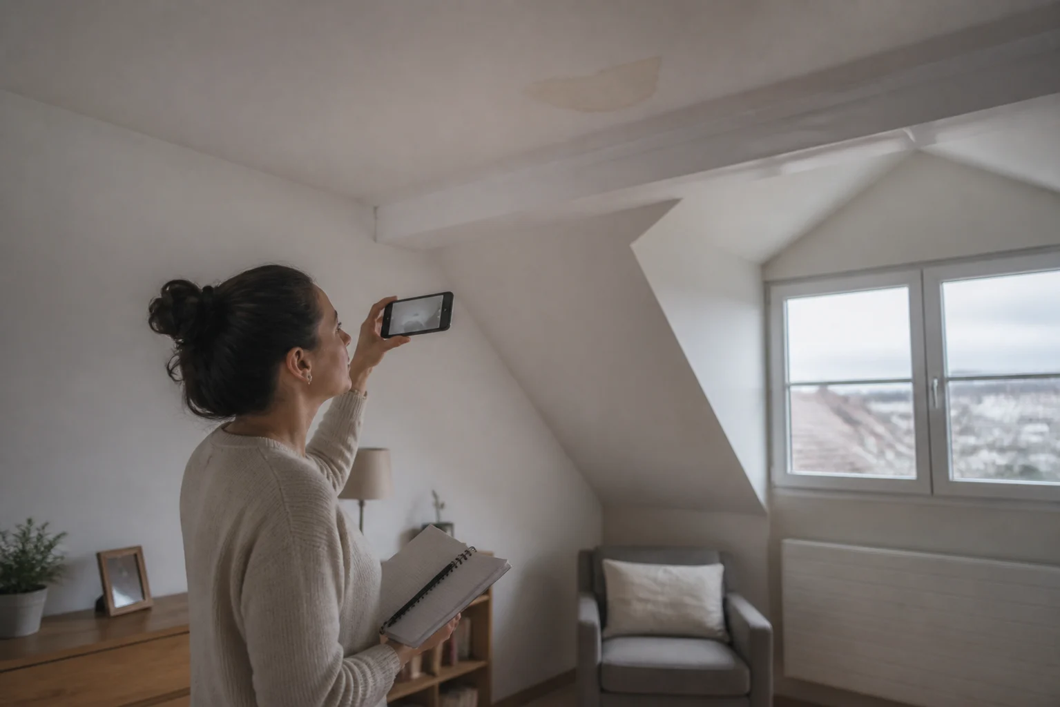 Une résidente photographie une trace d’humidité au plafond depuis le sol, avec une note datée ouverte sur son téléphone.