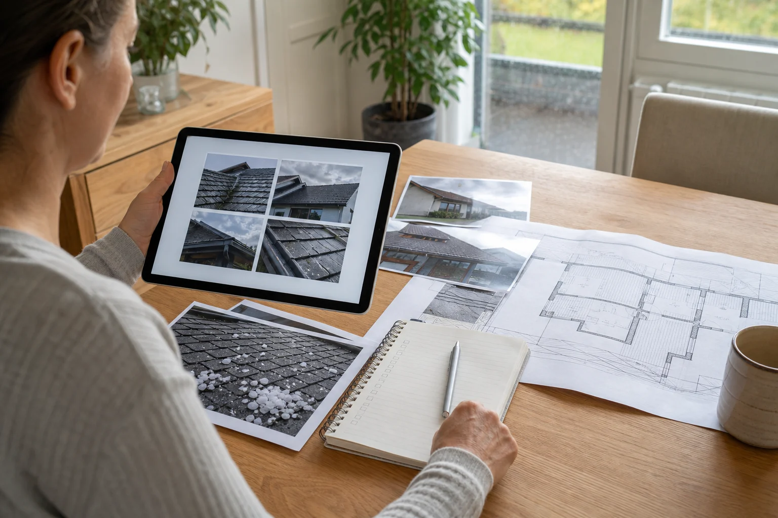 Un propriétaire classe sur une tablette des photos d’une façade, d’un plafond et d’un jardin après un épisode de grêle.