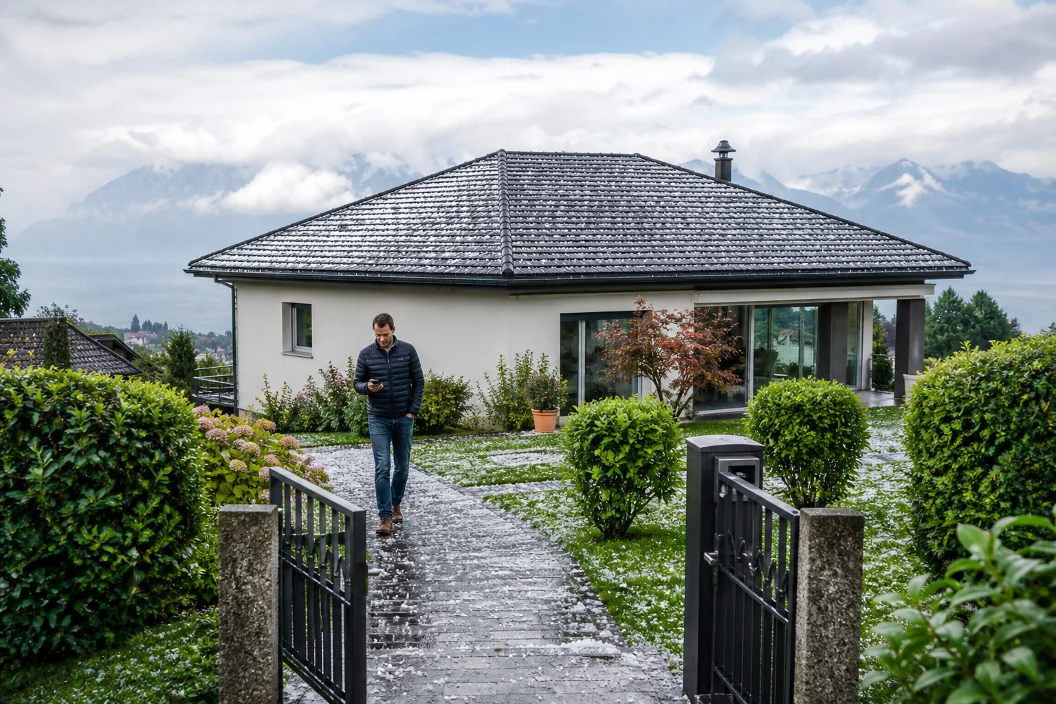 Une maison en Suisse romande après une averse de grêle, vue depuis le sol avec un passage dégagé pour une future visite.