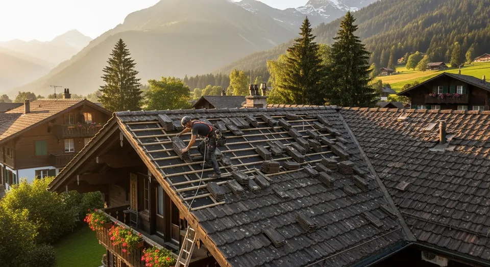 Couvreur professionnel en intervention sur une toiture en Suisse romande